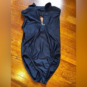 Black Motionwear Zip Up Mesh Lace Open Back Leotard for Dance, Ballet